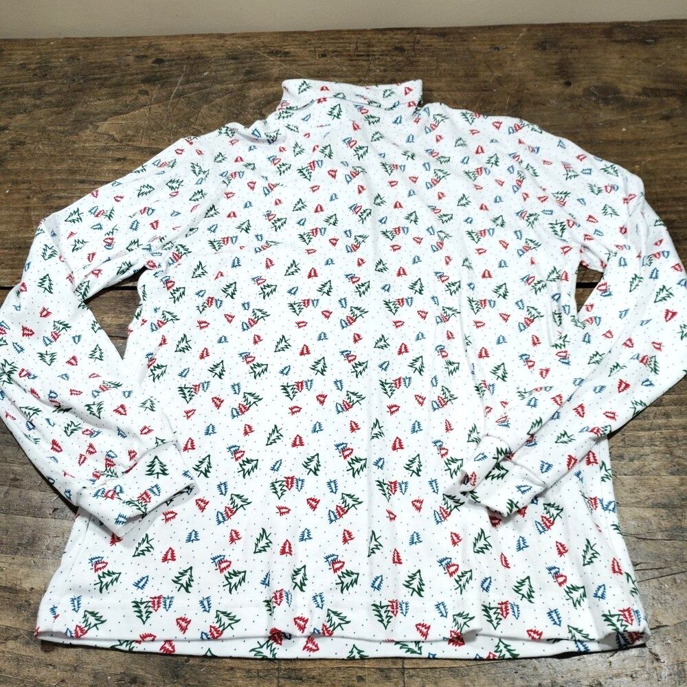 Vintage Nutcracker Christmas White Turtleneck Women's Medium Trees Red Green